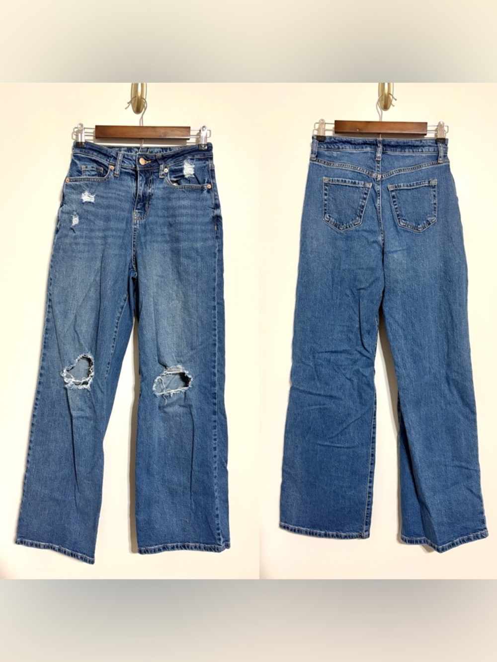 High Rise Baggy Blue Denim Jeans Distressed Knees Size 2 Regular Length